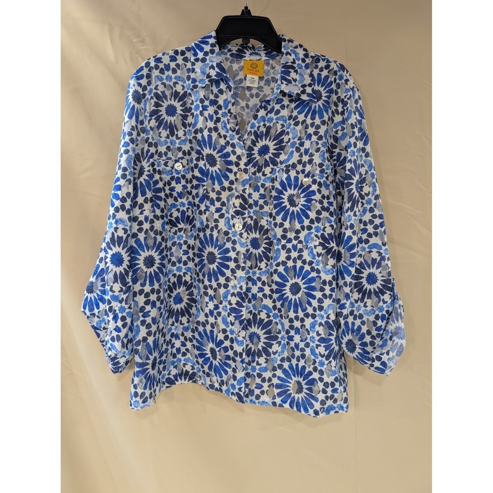 Ruby Rd. Woman 16W Blue Floral Blouse Roll Tab Sleeve Sheer Lightweight Top - Picture 1 of 5